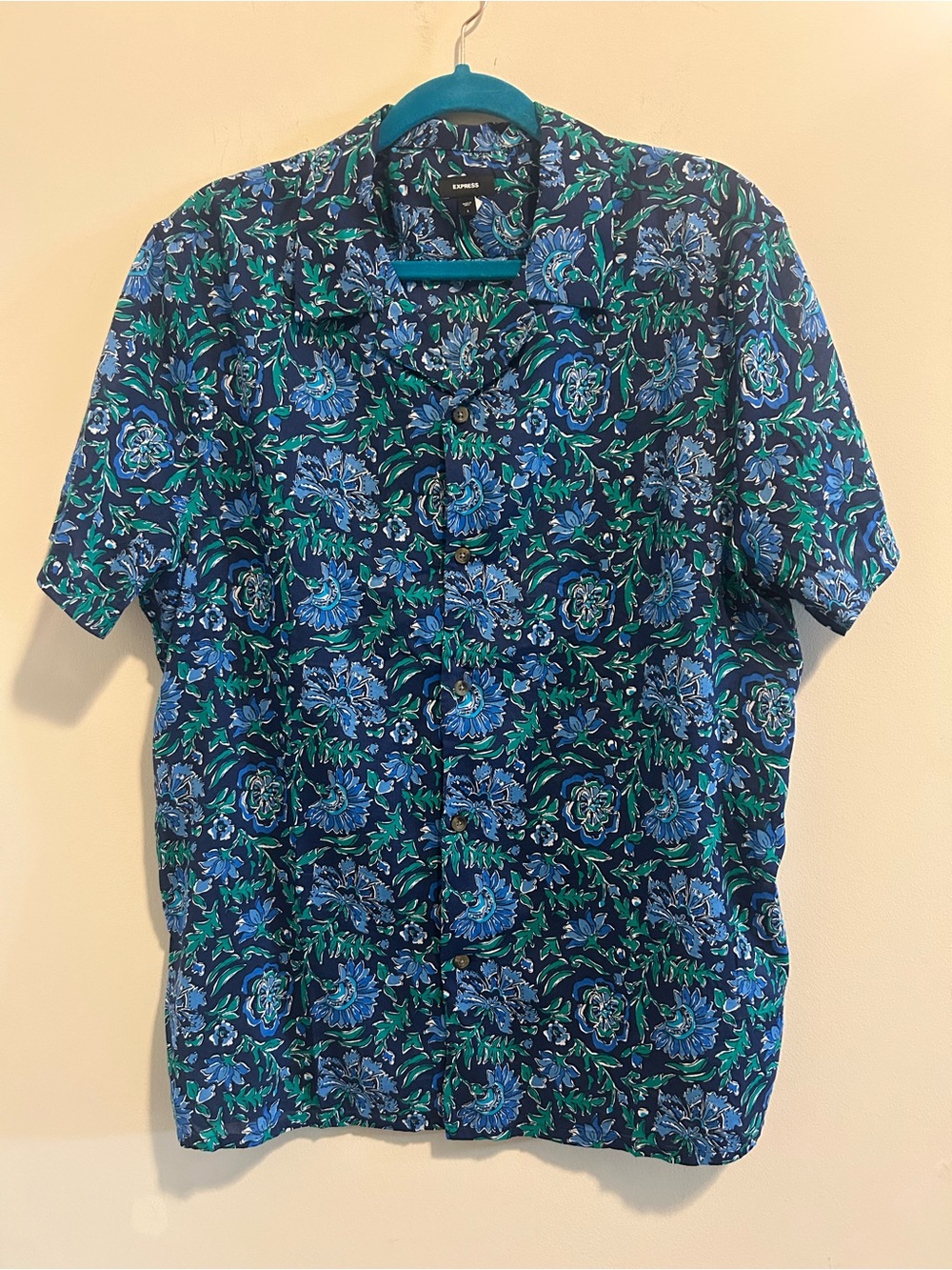 Express Men’s Navy Blue Breezy Floral Short Sleeve Button-Down Shirt